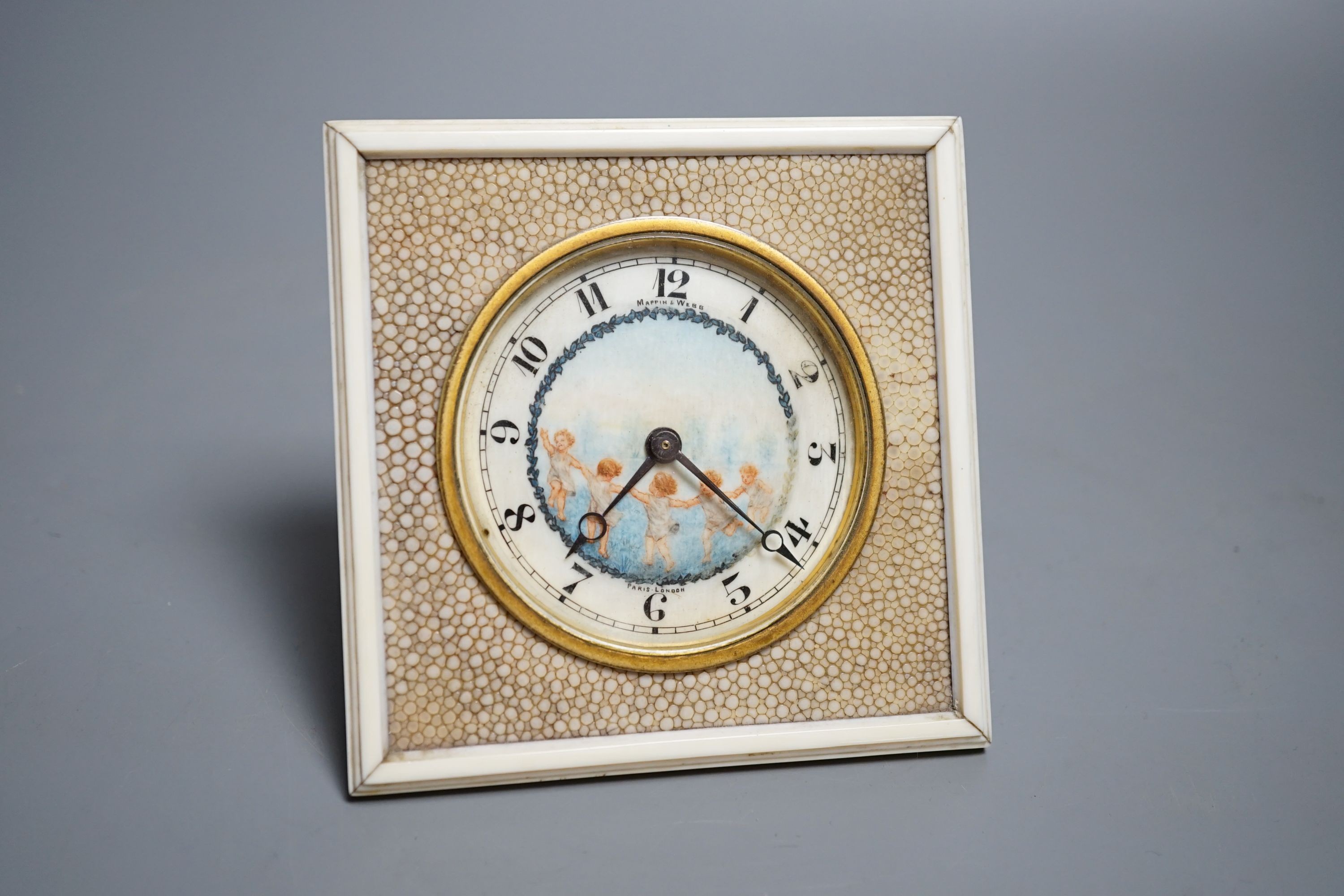 A Mappin and Webb shagreen and ivory strut timepiece, height 11cm